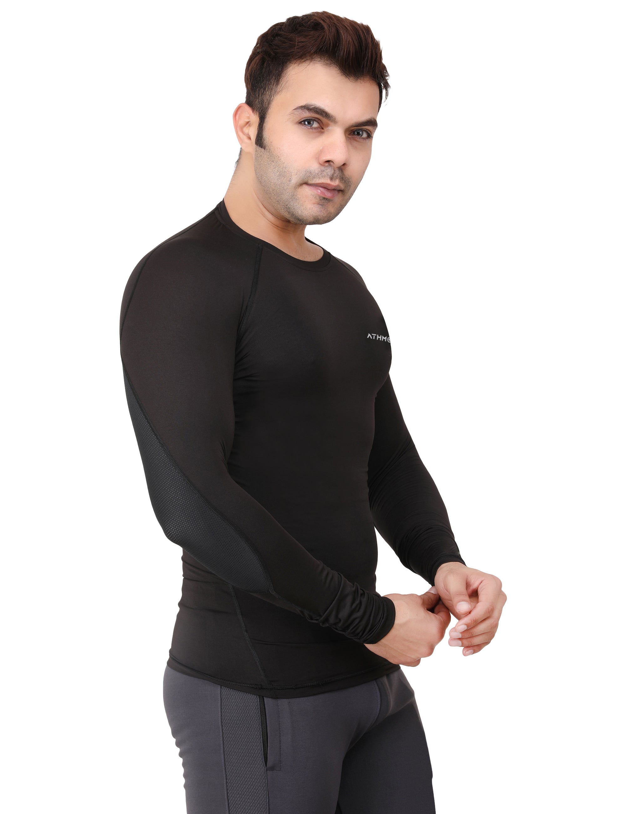 Athmonk Compression T-Shirt Vest Upper Body Shaper for Men Boys Branded - 4-Way Stretch Lycra Fabric - Workout Gym Cricket Running Football Sports Training - Keep Dry Tight Skin Fit - Round Neck